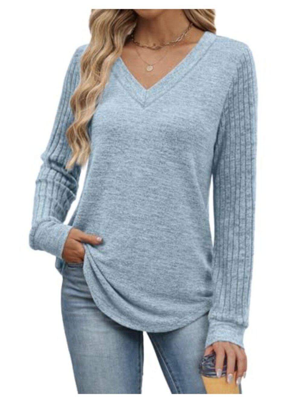 V Neck Long Sleeve Tunic Top Patchwork Loose Fit Sweater